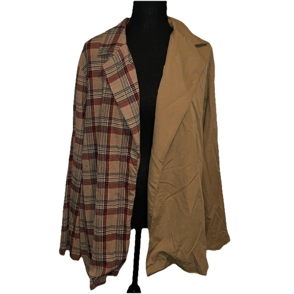 Shein Curve 4XL Lightweight Open Half Plaid Half Solid Long Sleeve Collared